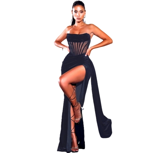 Black Corset High Slit Velvet Gown Sexy Winter Dress Women's Formal - Picture 2 of 16